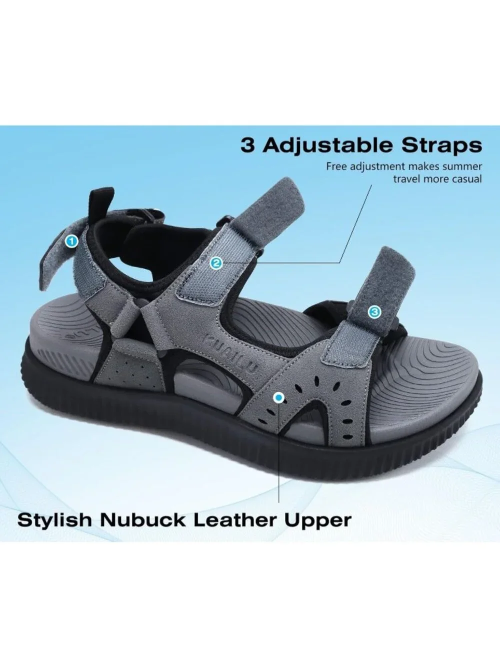 Men's Grey Arch Support Thick Cushion Recovery Athletic Hiking Sandal Shoes